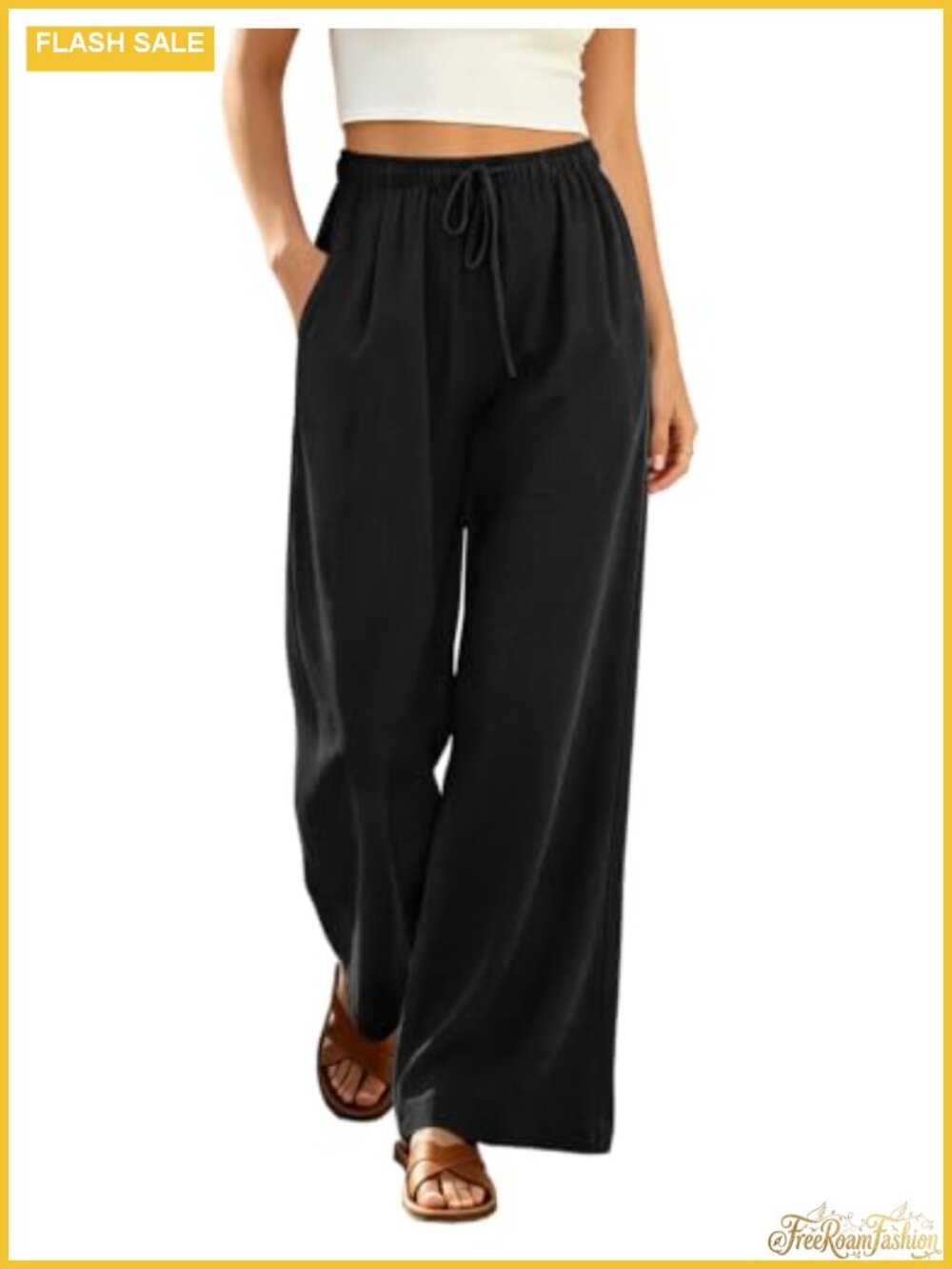 Women's Wide Leg Cotton Palazzo Pants with Pockets Adjustable Elastic Waist